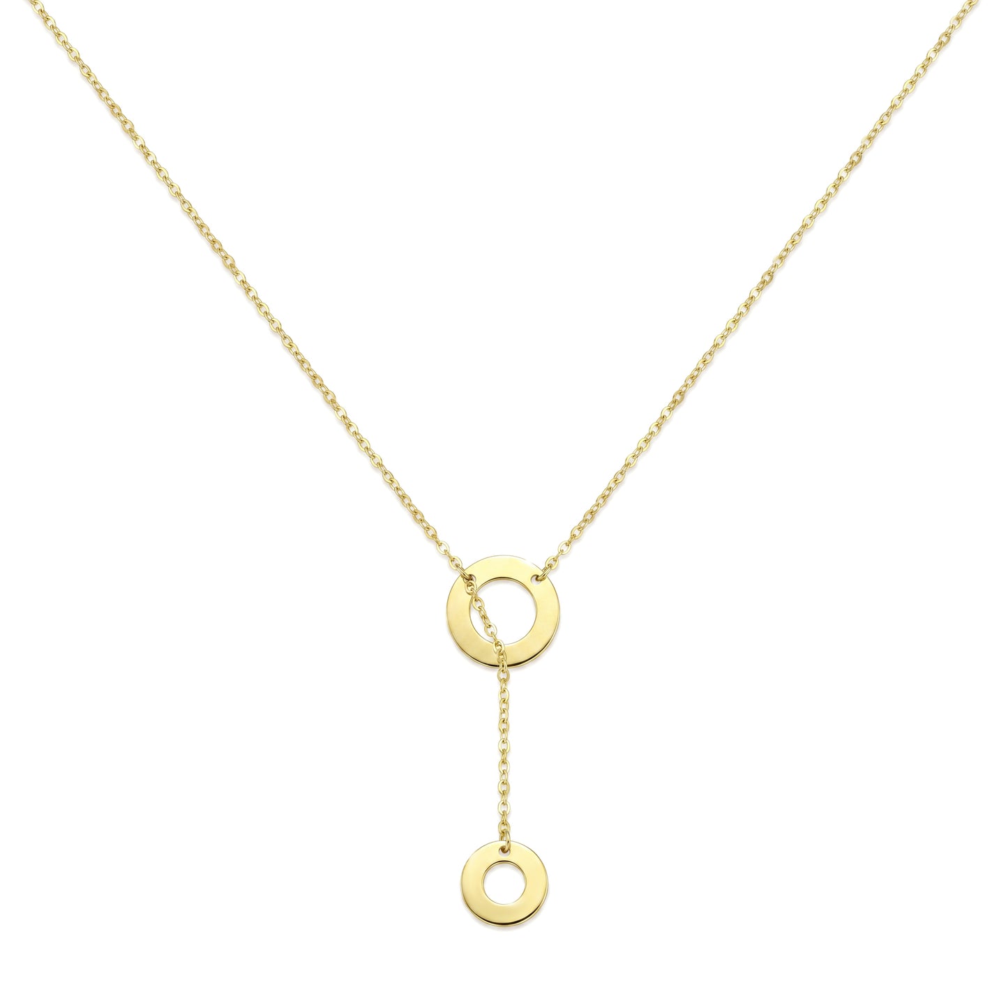 18K Solid Gold Double Circle Lariat Necklace