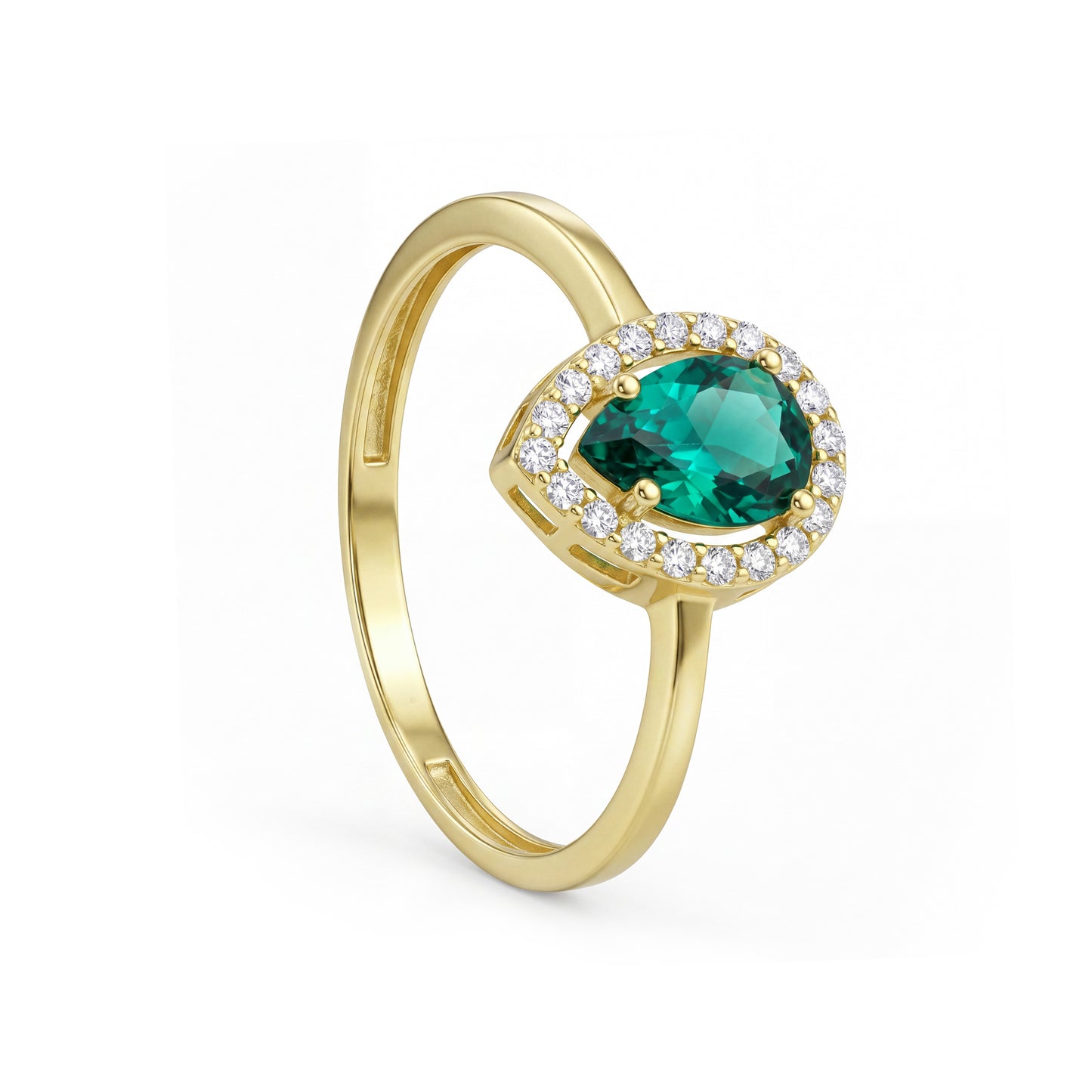18K Solid Gold Pear Emerald Halo Ring