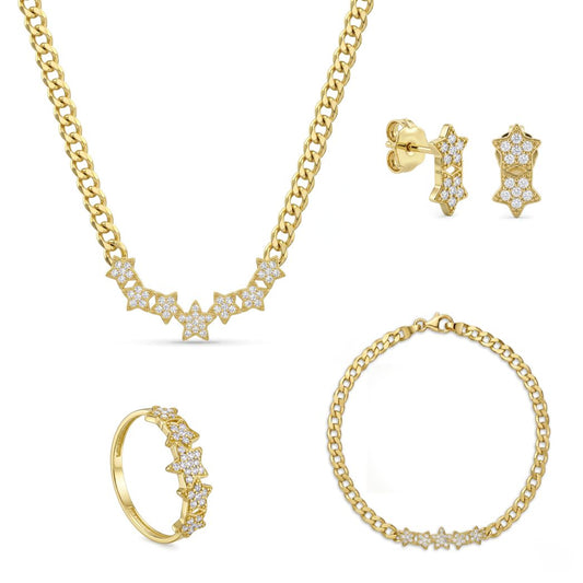 18K Gold Pave Star Curb Chain Jewelry Set