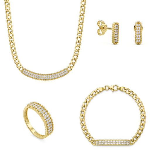18K Gold Pave Bar Curb Chain Jewelry Set