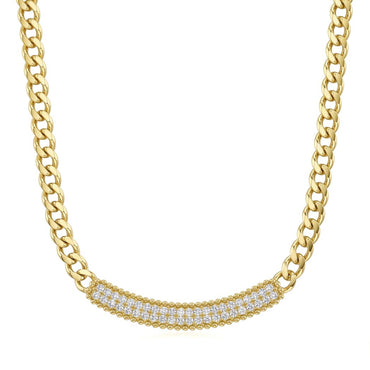 18K Gold Pave Bar Curb Chain Jewelry Set