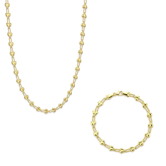 18K Solid Gold Heart Motif Necklace & Bracelet Set