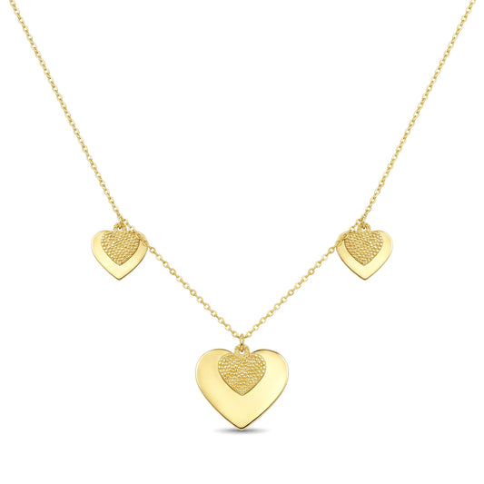 18K Gold Triple Textured Heart Necklace