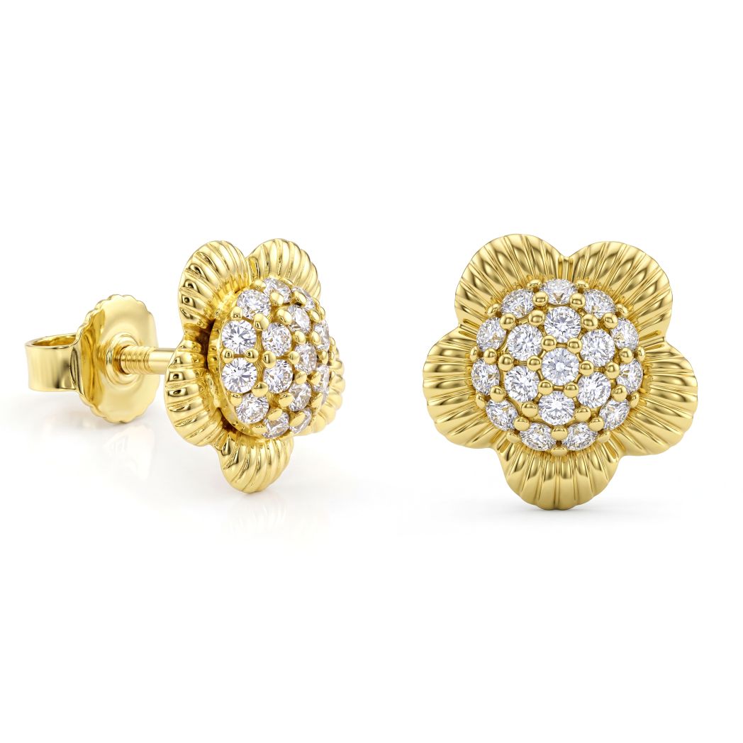 18K Gold Fluted Petal Zircon Center Stud Earrings