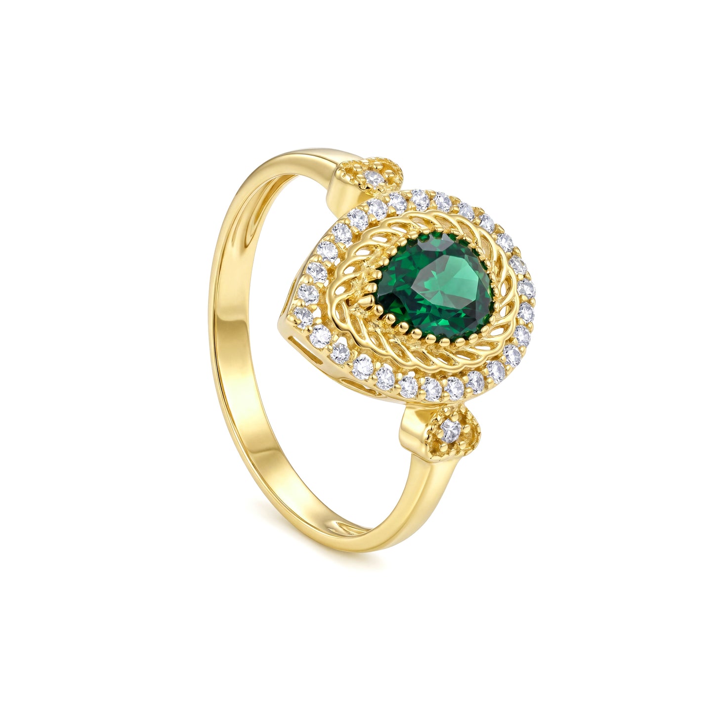 18K Gold Pear Emerald Halo Ring