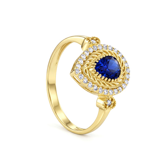 18K Gold Pear Sapphire Halo Ring