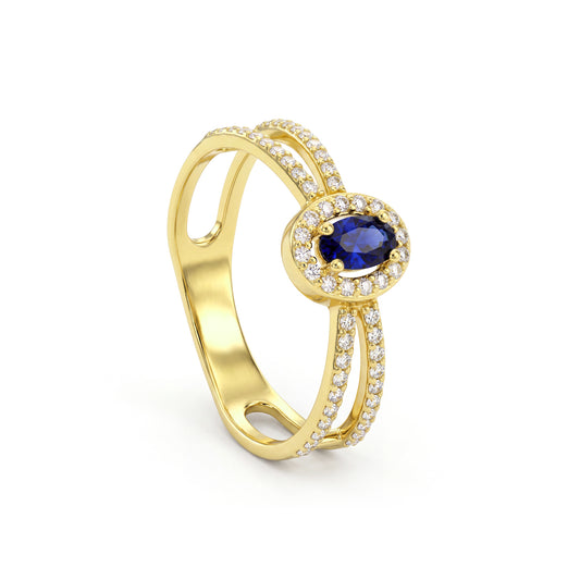 18K Solid Gold Oval Blue Sapphire Zircon