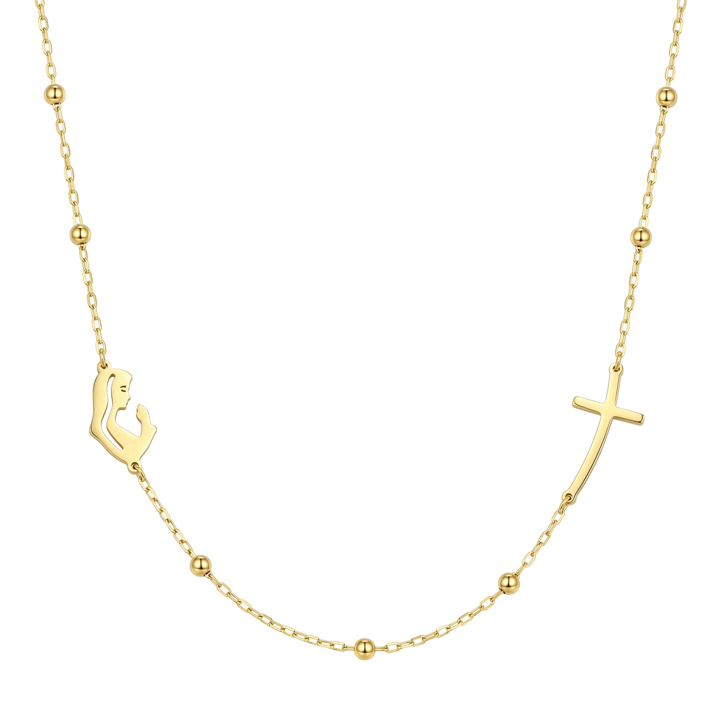 18k Praying Mary and Cross Charm Necklace
