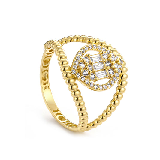 18K Gold Beaded Baguette Zircon Ring