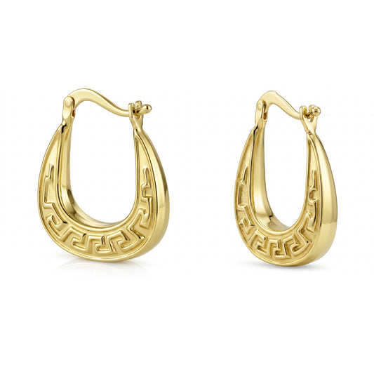 18K Gold Greek Key Pattern Hoop Earrings