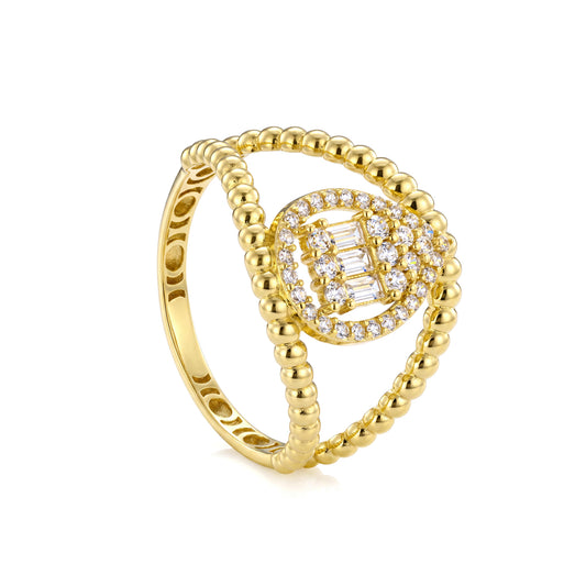 18K Gold Beaded Halo Cluster Ring