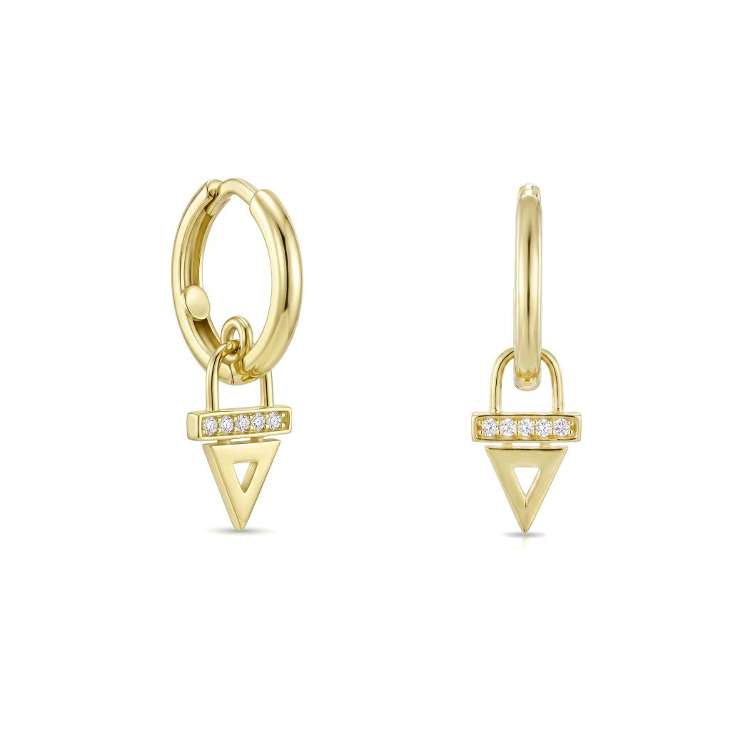 18K Solid Gold Zircon Geometric Lock Hoop Earrings