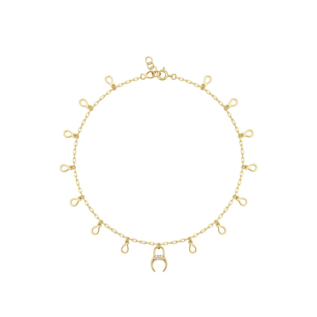 18K Gold Chain Anklet with Horn & Drop Charms