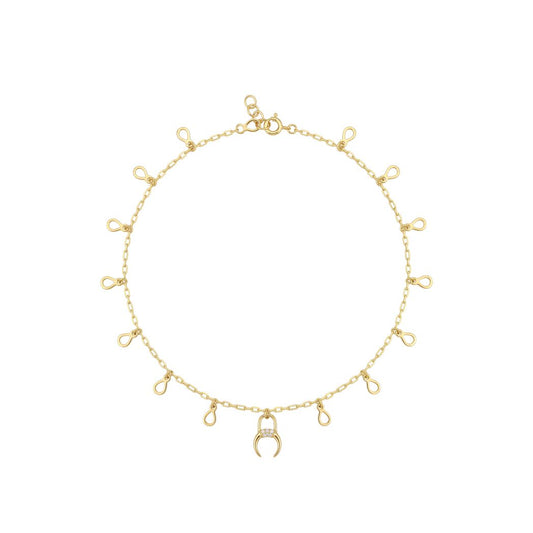 18K Gold Chain Anklet with Horn & Drop Charms