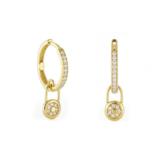 18K Solid Gold Zircon Lock Hoop Earrings