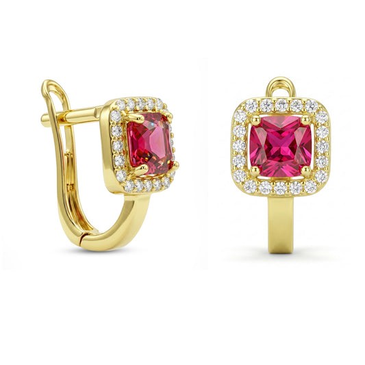 18K Gold Royal Cushion-Cut Red Zircon Earrings