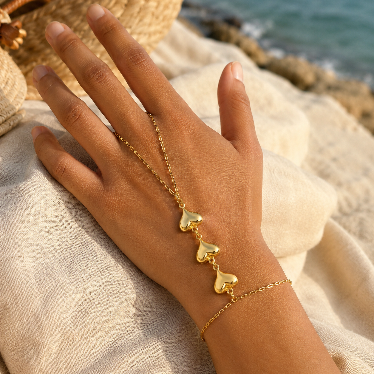 18K Gold Heart Hand Chain