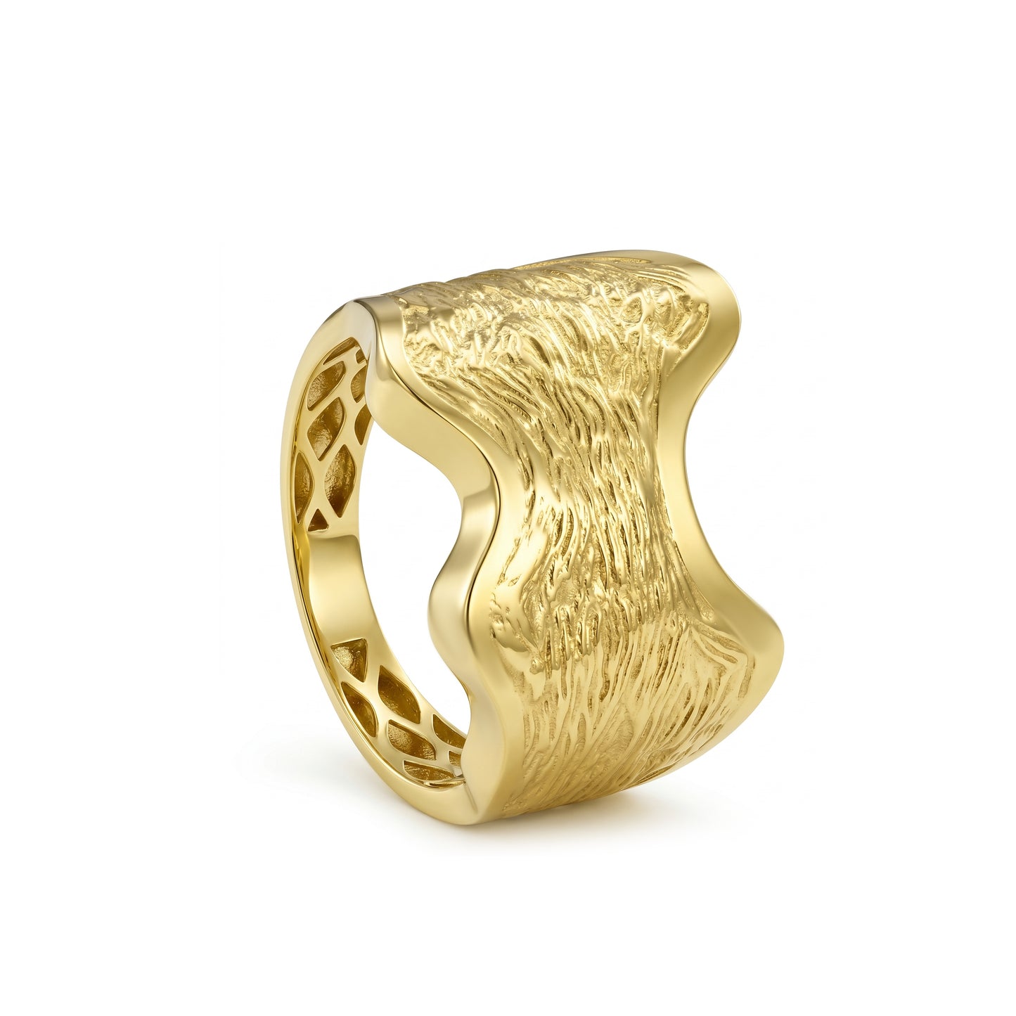 18K Solid Gold Waved Textured Statement Ring