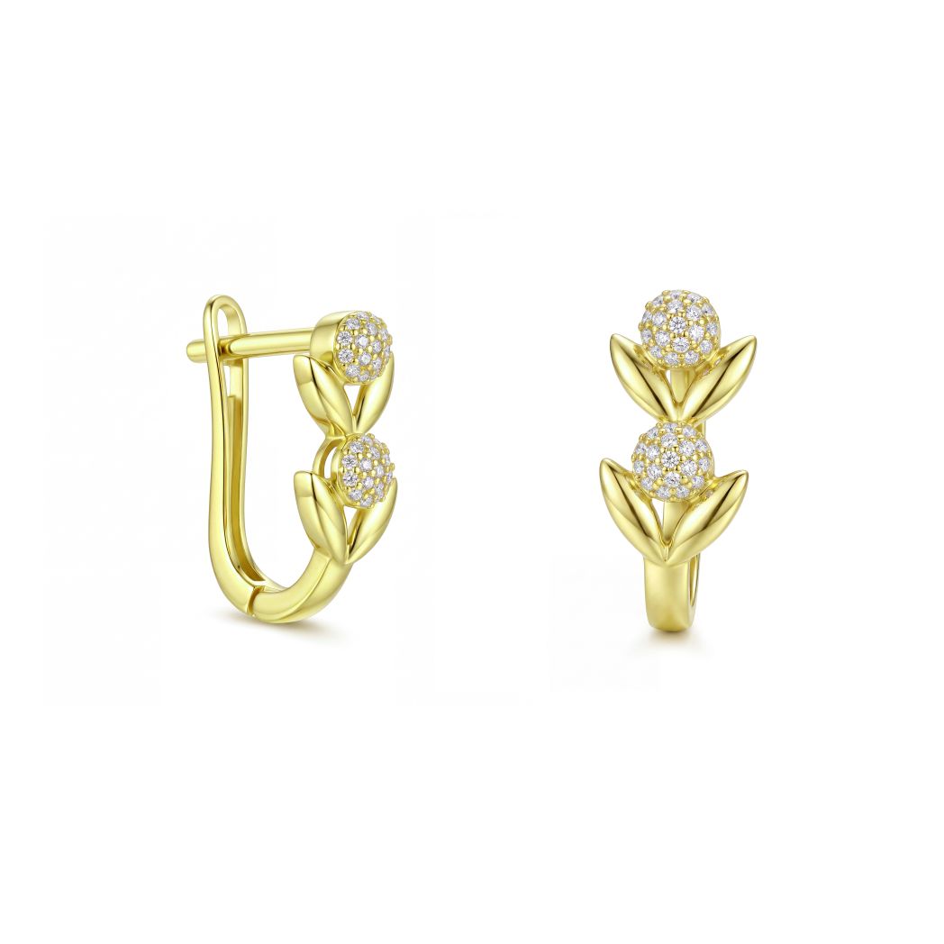 18K Gold Floral Cubic Leverback Earrings