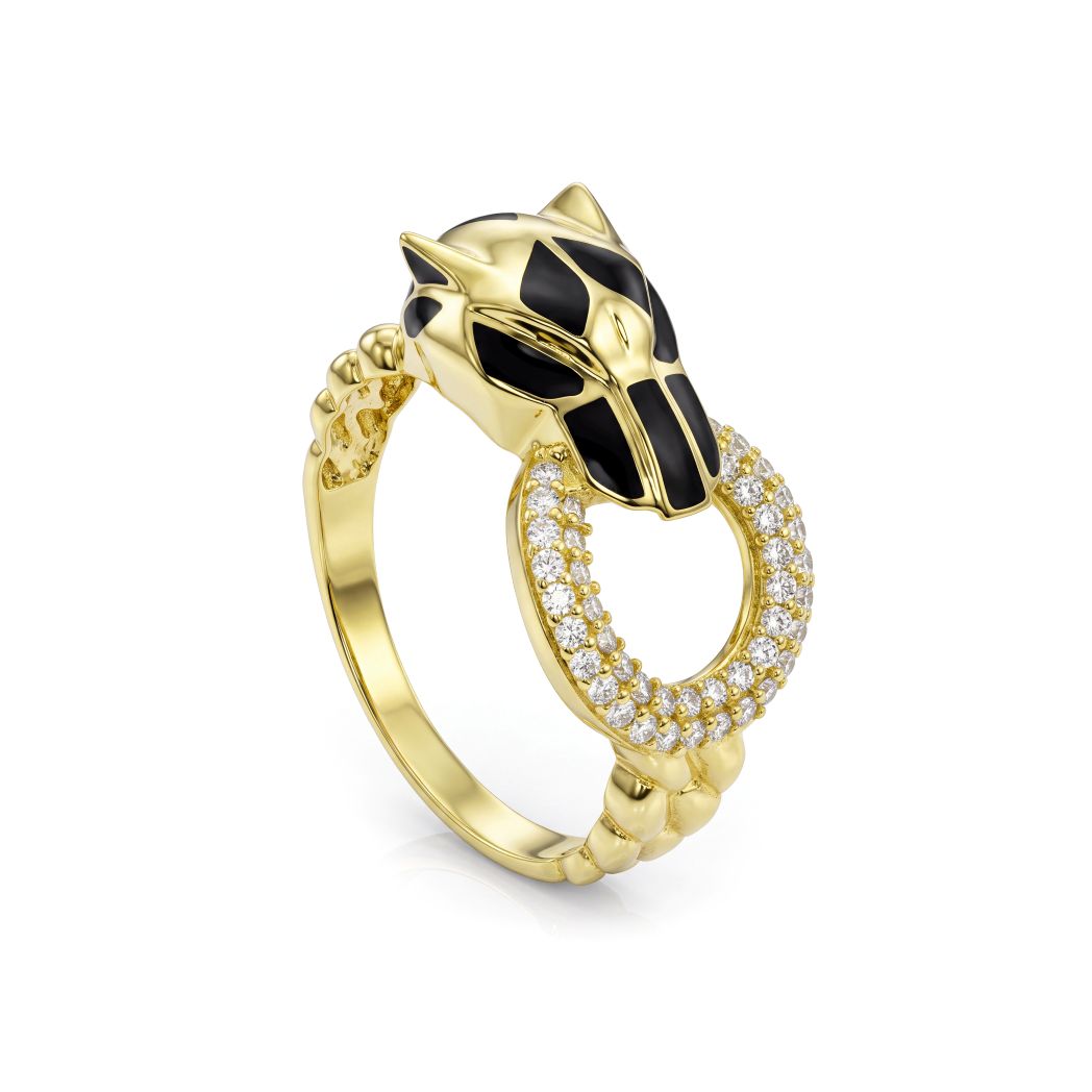 18K Gold Panther Ring with Black Enamel