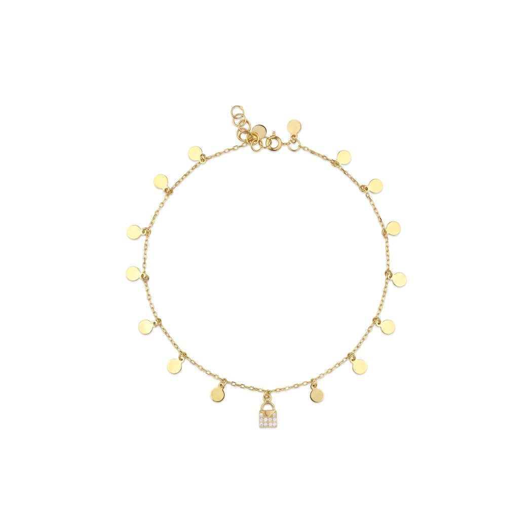 18K Gold Lock & Disc Charms Anklet