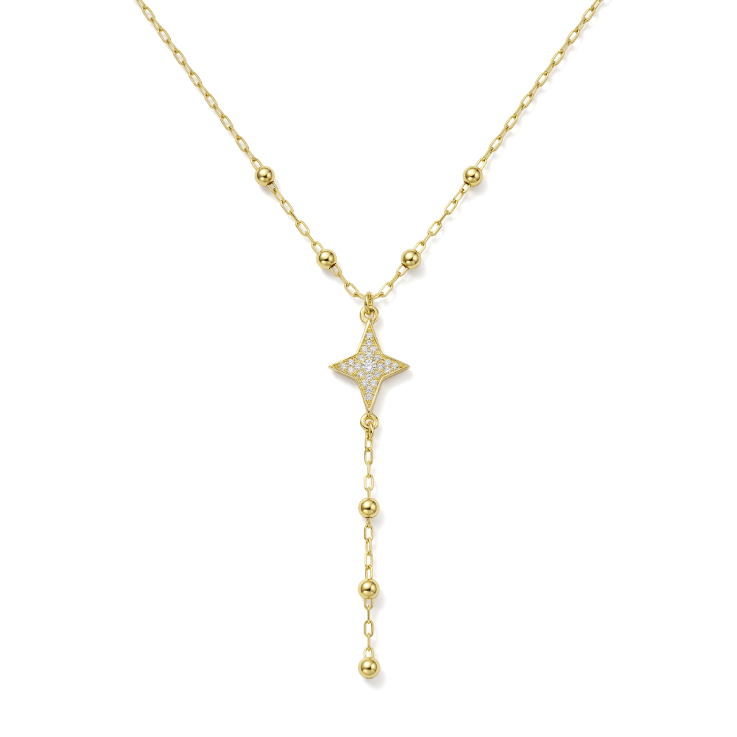 18K Solid Gold Celestial Star Lariat Necklace