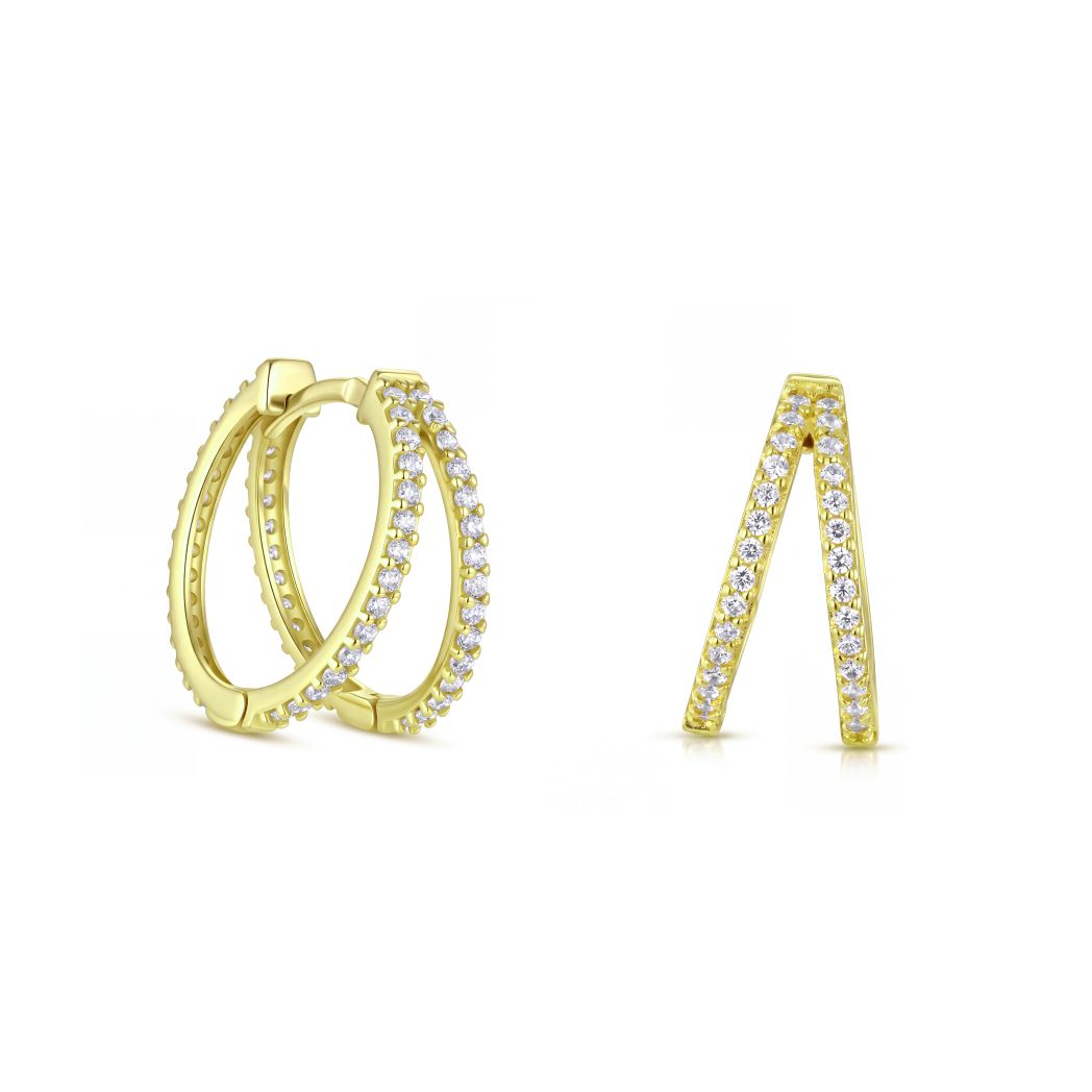18K Gold Double Band V-Shape Cubic Huggie Earrings