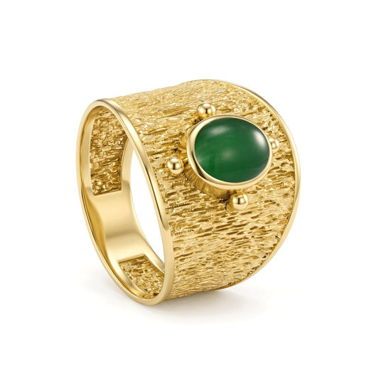 18K Textured Wide Band Ring with Green stone