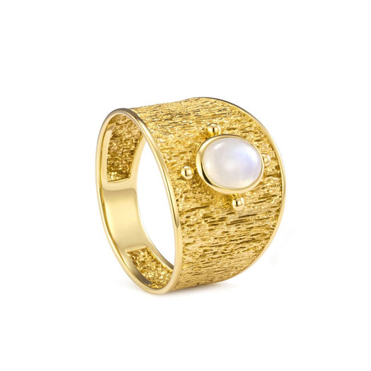18K Textured Wide Band Ring with Moonstone