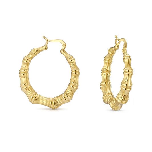 18K Retro-Chic Bamboo Texture Gold Hoops