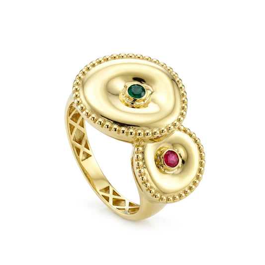 18k Gold Double Disc Gemstone Ring