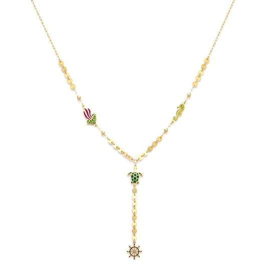 18K Gold Lariat Necklace with Ocean Charms