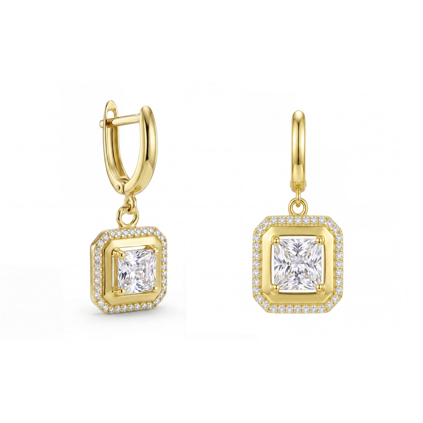 18K Gold Square-Cut Zircon Halo Drop Earrings
