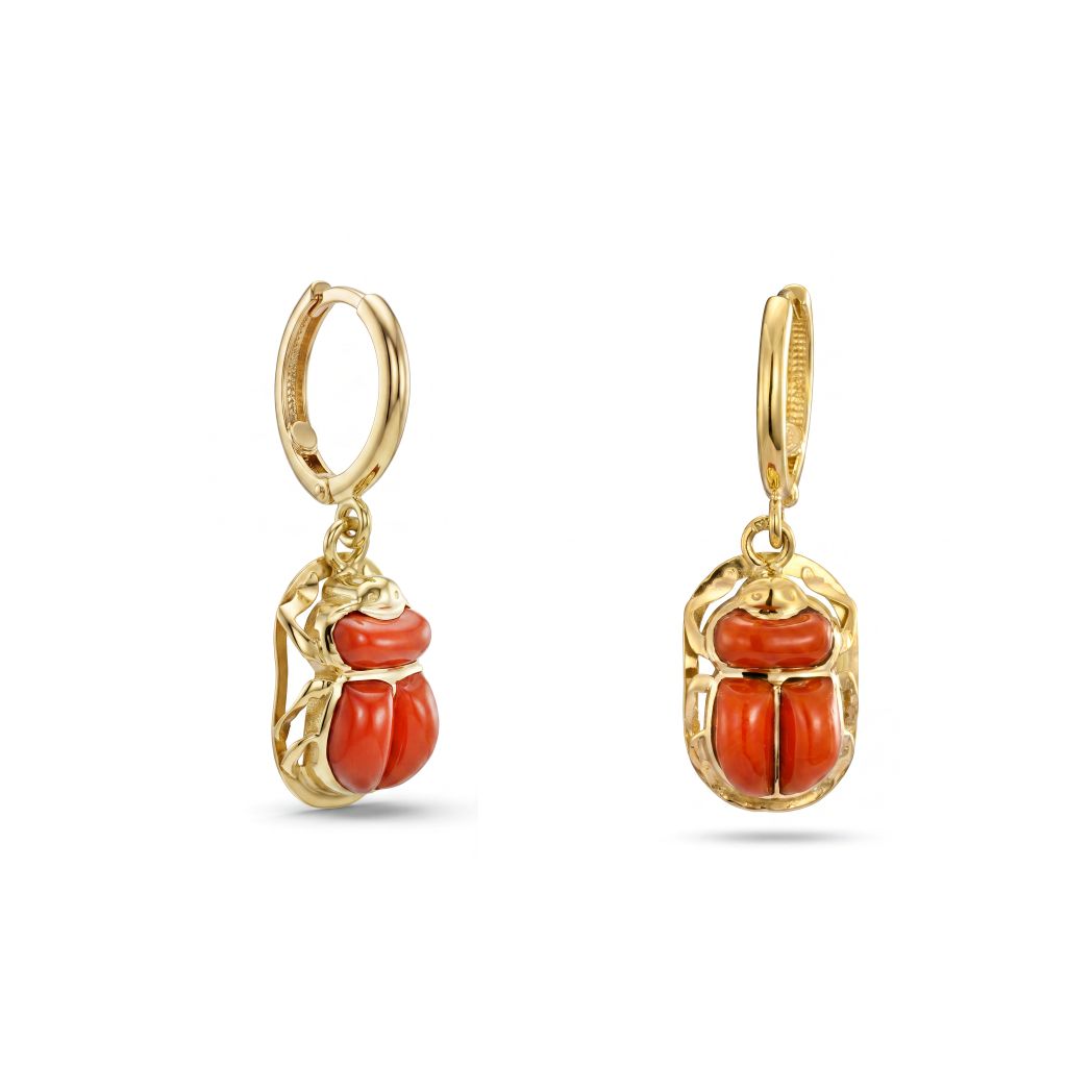 18K Gold Red Scarab Dangle Earrings