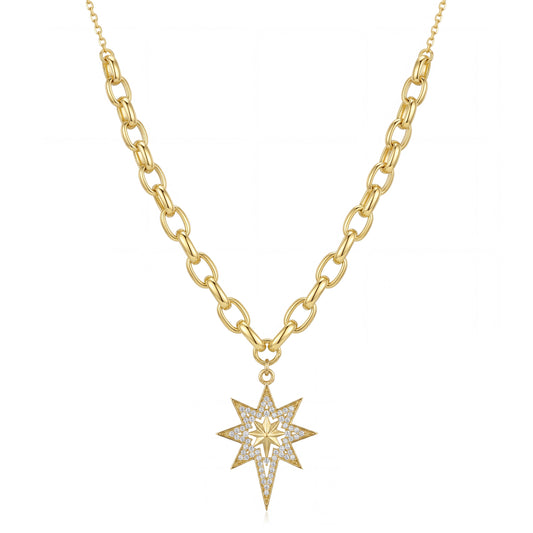 18K Gold Zircon North Star Pendant Chain
