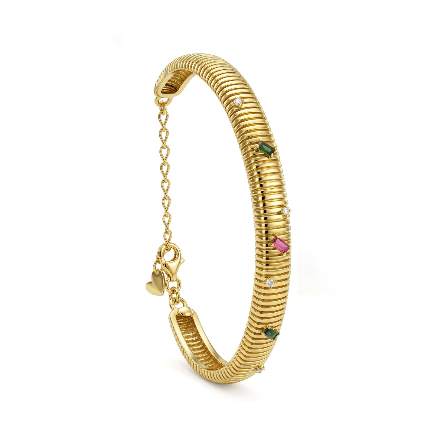 18K Gold Ribbed Bangle with Colorful Stones