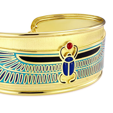 18K Gold Egyptian Winged Scarab Cuff Bangle