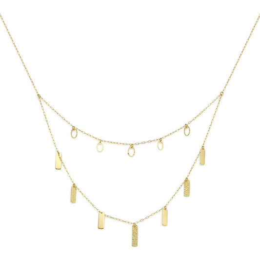 18K Gold Layered Rectangular Bar and Oval Dangle Necklace