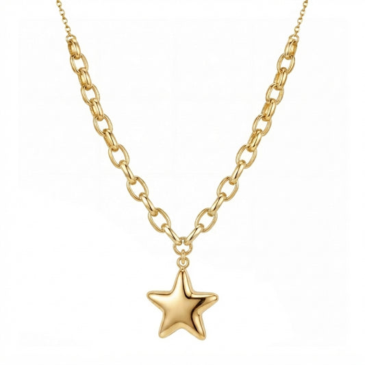 18K Gold Puffed Star Pendant Chain