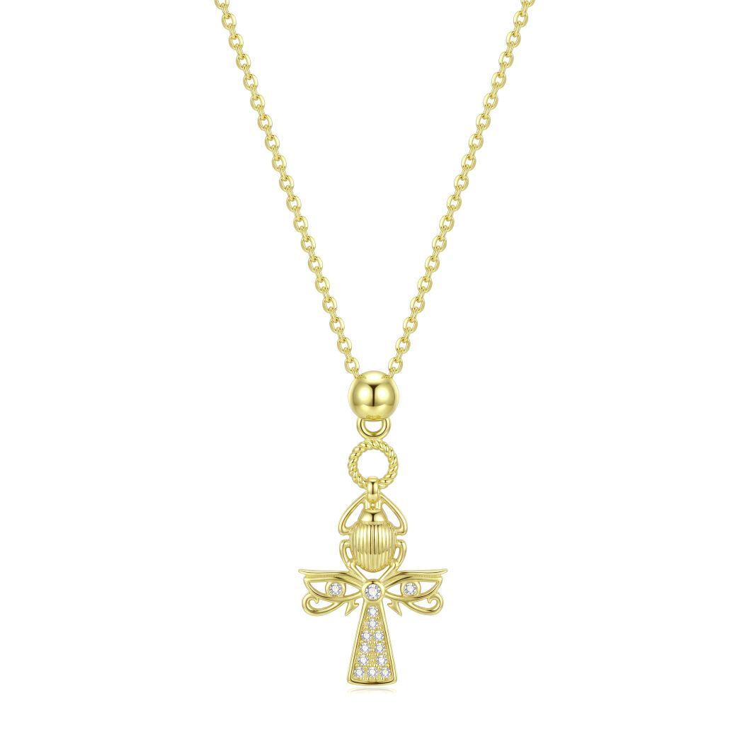 18K Gold Egyptian Ankh & Scarab Pendant Necklace