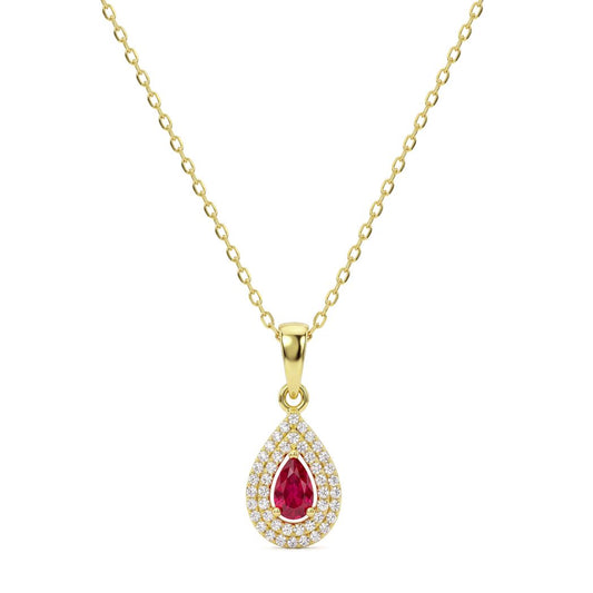 18K Gold Pear-Cut Red Gemstone Halo Necklace