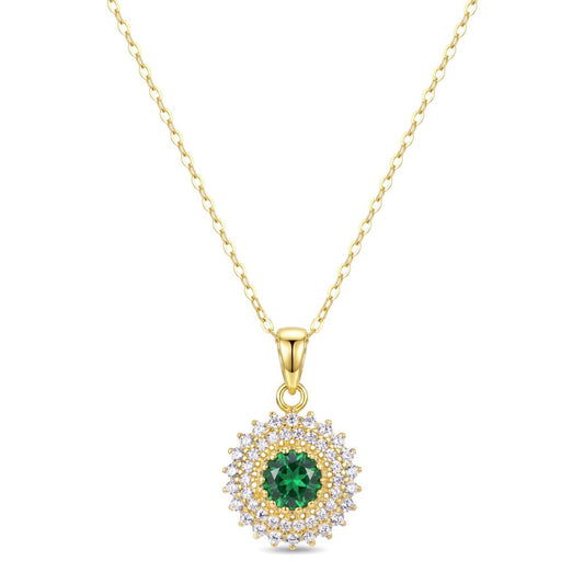 18K Gold Round Green Gemstone Halo Necklace