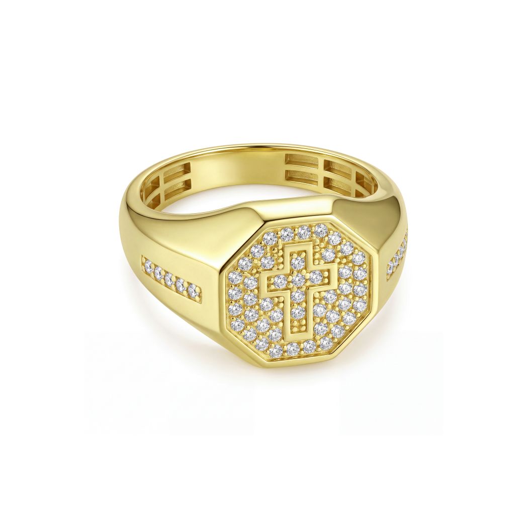 18K Gold Men's Octagon Cross Signet Ring