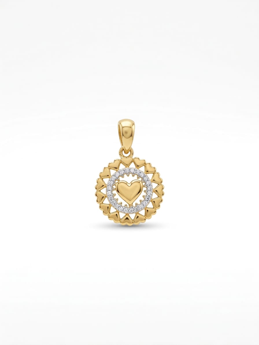 18K Gold Circular Heart & Zircon Halo Pendant