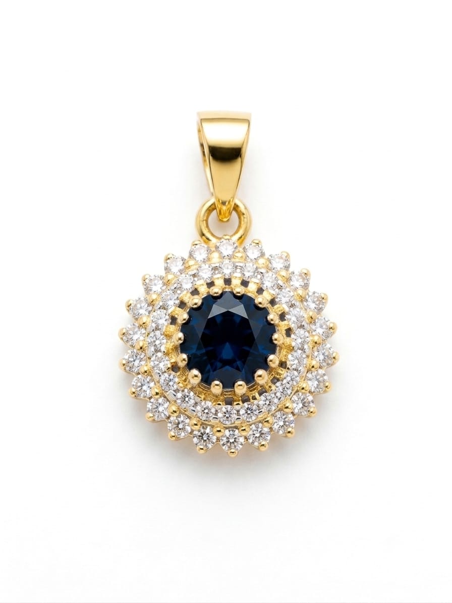 18K Gold Royal Blue Zircon Double Halo Pendant