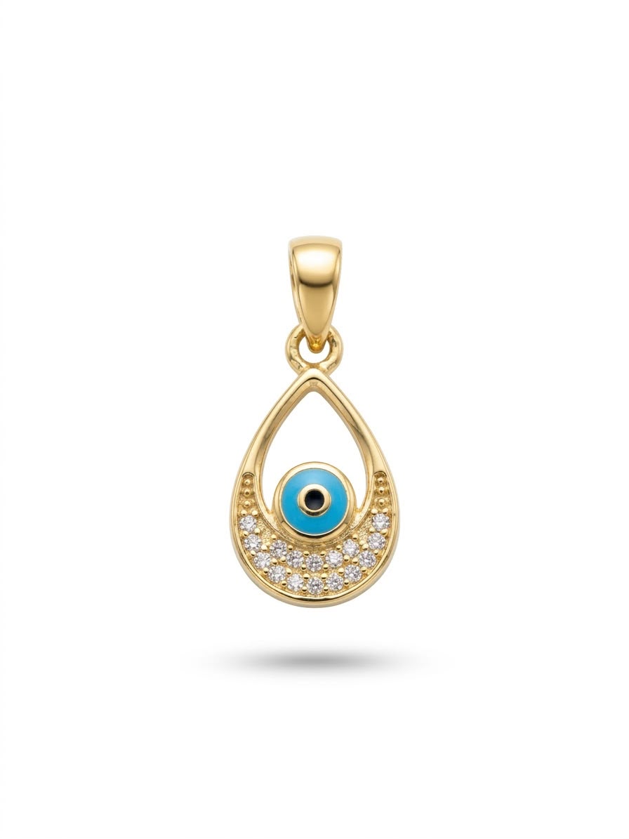 18K Gold Teardrop Evil Eye Pendant