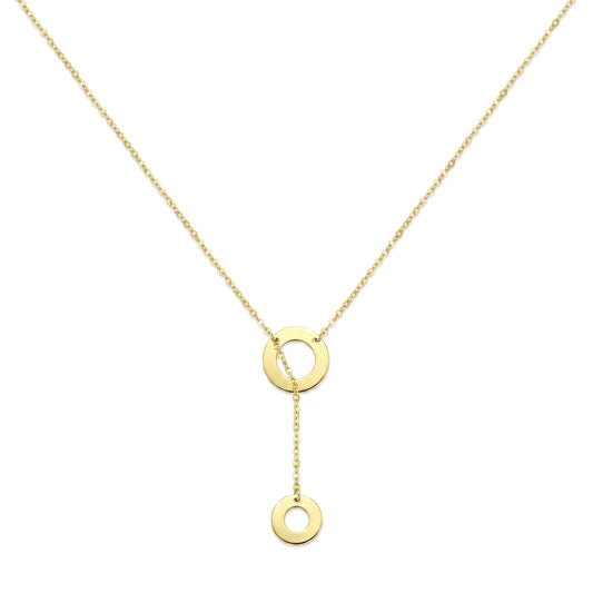 18K Solid Gold Double Circle Lariat Necklace