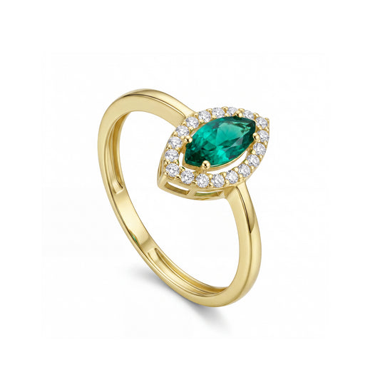 18K Solid Gold Marquise-Cut Green Zircon Halo Ring