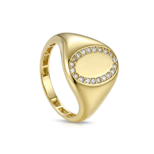 18K Gold Classic Oval Diamond-Halo Pinky Ring