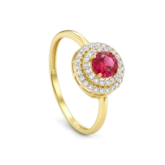 18K Solid Gold Round Red Zircon Double Halo Ring